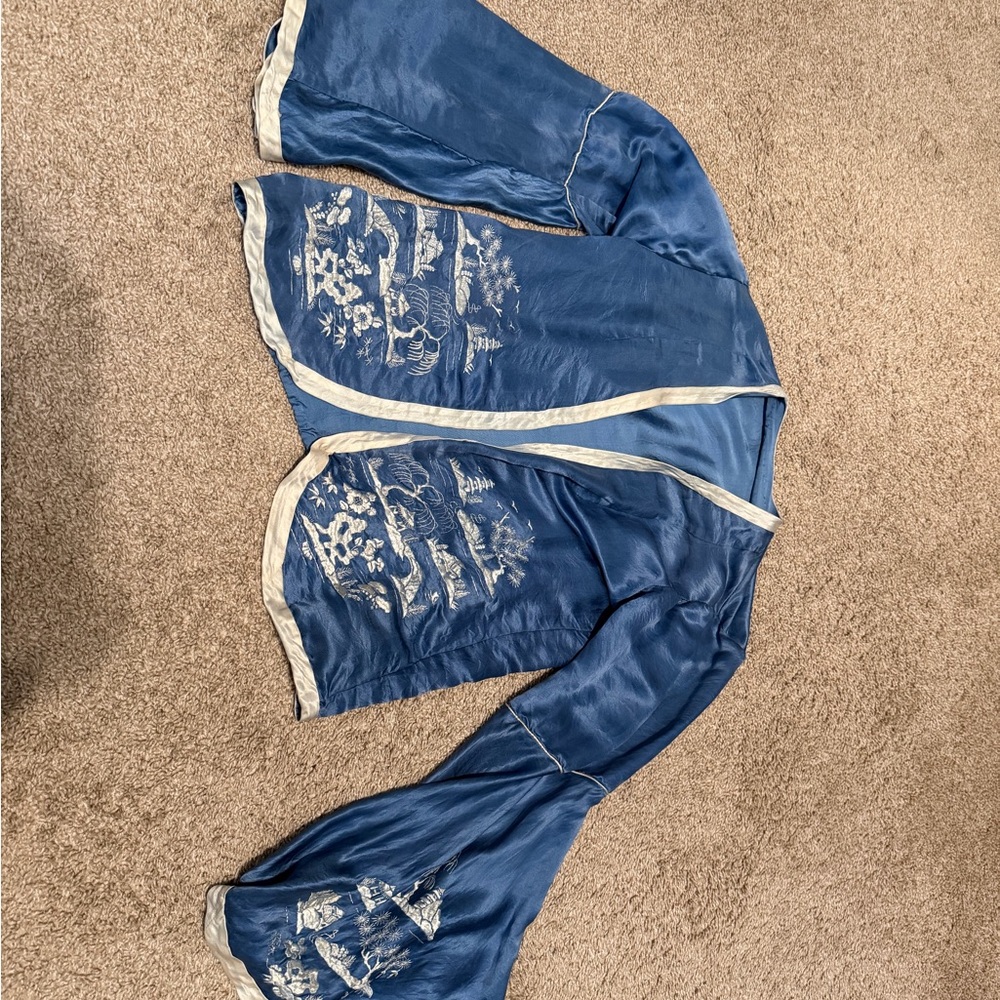 Blue Satin Embroidered Kimono Jacket with Cream Trim